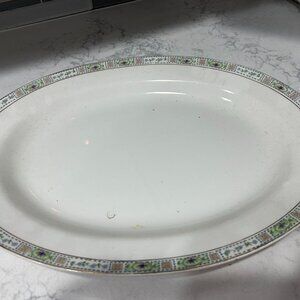 Antique KT&K Oval Platter 15" – Gold Rim, Pastel Floral Border, Crazed Glaze